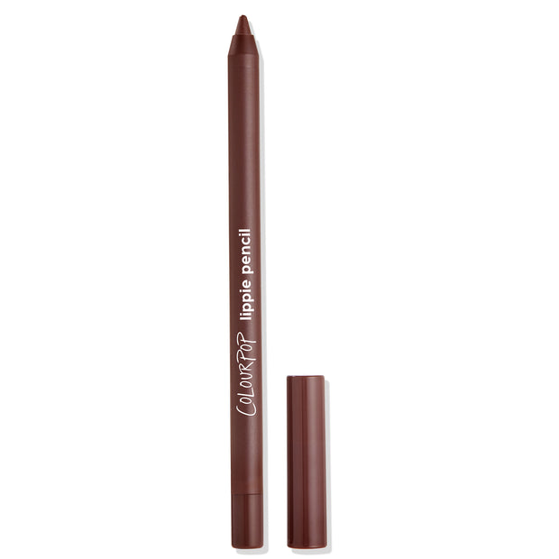 Pitch ColourPop Lippie Pencil stands upright with the cap off, revealing a precise, creamy tip in deep chocolate brown; matching brown barrel shows branding, with the cap beside it on a clean white backdrop.