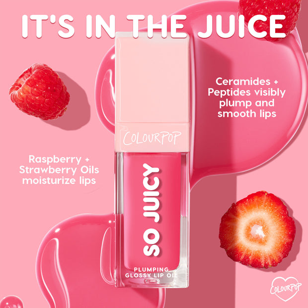 Clear square tube of ColourPop So Juicy Plumping Glossy Lip Oil in Lychee Jelly showcases a bright pink formula, highlighting ceramides, peptides, and raspberry + strawberry oils against a glossy pink backdrop with berries.