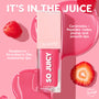 ColourPop So Juicy Plumping Glossy Lip Oil in Hits Diff stands upright, showing a bright pink tint as raspberries, a strawberry slice, and glossy pink drips surround it; callouts tout ceramides and peptides for plump, smooth lips and moisturizing fruit oils.