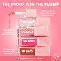 ColourPop So Juicy Lip Oil Set, Plump Perfect, stacks four gloss tubes with a wand dripping peachy oil; shades range from clear to blush, hot pink, and caramel, with claims of smoother texture, glass-like shine, and fuller, plumper lips on a pink backdrop.