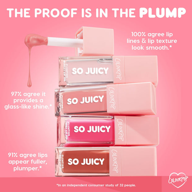 ColourPop So Juicy Lip Oil Set, Plump Perfect, stacks four gloss tubes with a wand dripping peachy oil; shades range from clear to blush, hot pink, and caramel, with claims of smoother texture, glass-like shine, and fuller, plumper lips on a pink backdrop.