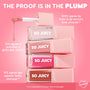 ColourPop So Juicy Lip Oil Set, Plump Perfect, stacks four gloss tubes with a wand dripping peachy oil; shades range from clear to blush, hot pink, and caramel, with claims of smoother texture, glass-like shine, and fuller, plumper lips on a pink backdrop.