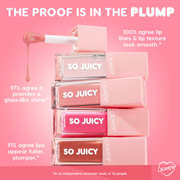 ColourPop So Juicy Plumping Glossy Lip Oil Lychee Jelly stacks in clear pink-capped tubes while a doe-foot applicator drips pink gloss, with infographic claims of 100% smoother-looking lip lines, 97% glass-like shine, and 91% fuller lips on a pink backdrop.
