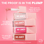 ColourPop So Juicy Plumping Glossy Lip Oil Lychee Jelly stacks in clear pink-capped tubes while a doe-foot applicator drips pink gloss, with infographic claims of 100% smoother-looking lip lines, 97% glass-like shine, and 91% fuller lips on a pink backdrop.