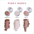 Coconut Cream and Soda Super Shock Shadow trio displayed in white round pots with lids open, showing shimmery pinky nude shades and crushed swatches beneath each color on a clean white background, labeled Raspberry Fizz, Extra Ice, and Sweet Sip.