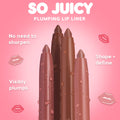 ColourPop So Juicy Plumping Lip Liner with Peptides, Jaguar shade, twist‑up crayon beaded with water, shaping and defining lips; four nude‑to‑brown liners stand upright on a pink backdrop with callouts: no need to sharpen, visibly plumps.