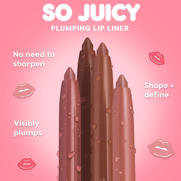 Four nude-toned twist-up lip liners stand upright with dewy droplets, showcasing Glazed Pout from the ColourPop So Juicy Plumping Lip Liner & Balm Set; no-sharpen design shapes and defines lips for a visibly plumped look on a pink gradient backdrop.