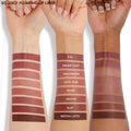 ColourPop So Juicy Plumping Lip Liner Set, Total Slay, swatched in eight shades - ETA, Group Chat, Westwood, Love That, Tease, Jaguar, Slay, Mocha Latte - striped across three arms in light, medium, and deep skin tones to show pigment and satin finish.