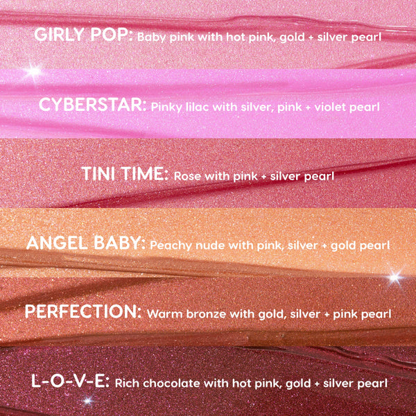 Angel Baby swatch glistening as a peachy nude with pink, silver, and gold pearl, presented among stacked shade strips; ColourPop So Juicy Plumping Gloss Balm with Peptides shown in a horizontal multi-shade swatch chart.