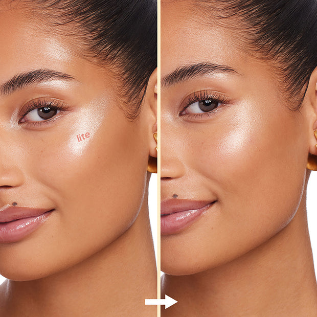 ColourPop Lite Stix in Ignite highlighting a cheekbone - split before-and-after on a model shows a dewy, pearlescent glow; left shows a visible swipe labeled “lite,” right shows a blended, natural radiance in a clean studio close-up.