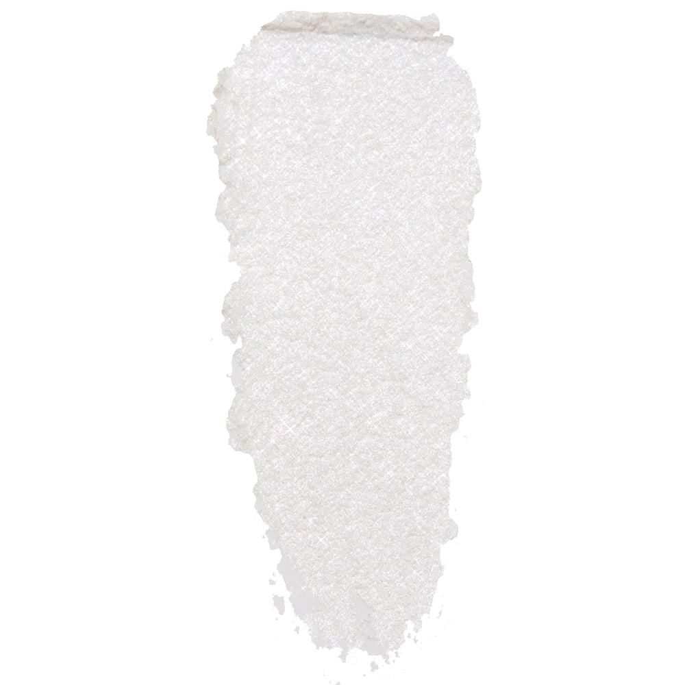 Tassel Super Shock Shadow by ColourPop - pearly white eyeshadow swatch shimmering with icy silver microglitter - smeared in a single swipe to show creamy texture and high-shine finish, on a clean white background.