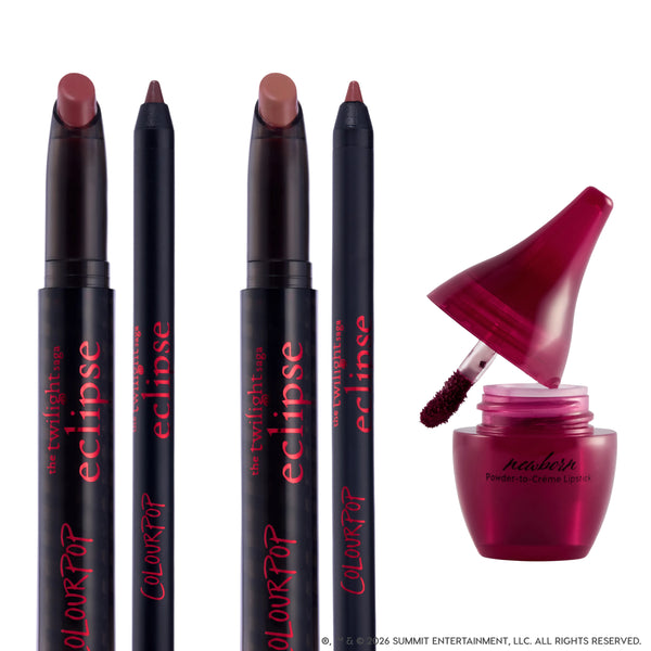 ColourPop Just Bitten Lip Trio from the Twilight Eclipse collection standing upright on white background, showing two lip crayons, two matching lip liners, and an open berry-toned powder-to-creme lipstick pot with applicator wand