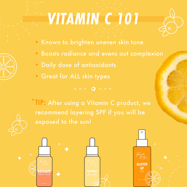 Bright Future Vitamin C Tonic promotional graphic showing Colourpop skincare serums on a sunny yellow background with sliced citrus, highlighting Vitamin C 101 benefits for all skin types and SPF layering tip for brighter, even-toned skin.