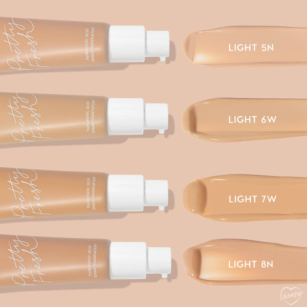 ColourPop Pretty Fresh Tinted Moisturizer, shade Light 8N, swatched in the bottom row beside Light 5N, 6W, and 7W, with three pump bottles laid horizontally on a peach background, highlighting its hyaluronic acid formula and light neutral tone.