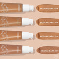 ColourPop Pretty Fresh Tinted Moisturizer in Medium Dark 16N, swatched beside its pump bottle and compared with shades 13W, 14W, 15W on a nude background; hyaluronic acid formula in a matte tube with white pump.