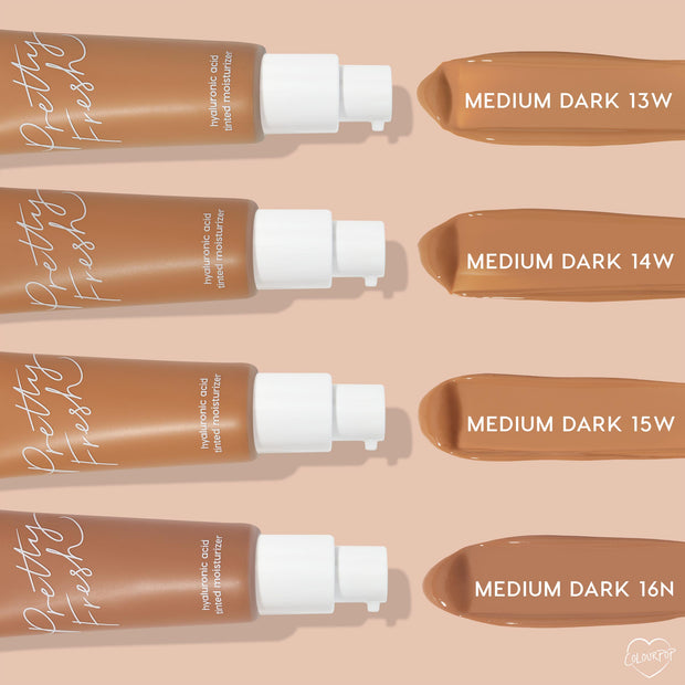 ColourPop Pretty Fresh Tinted Moisturizer in Medium Dark 16N, swatched beside its pump bottle and compared with shades 13W, 14W, 15W on a nude background; hyaluronic acid formula in a matte tube with white pump.