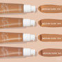 ColourPop Pretty Fresh Tinted Moisturizer in Medium Dark 16N, swatched beside its pump bottle and compared with shades 13W, 14W, 15W on a nude background; hyaluronic acid formula in a matte tube with white pump.