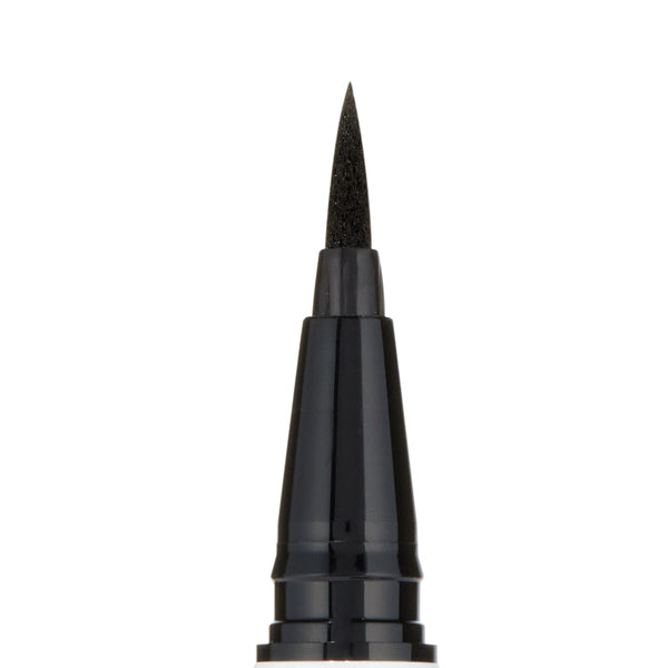 Felt-tip applicator delivering precise black lines, shown as a close-up of the ColourPop BFF Liquid Liner in Numero Uno, with the sharp black tip and glossy black pen housing centered against a clean white background.