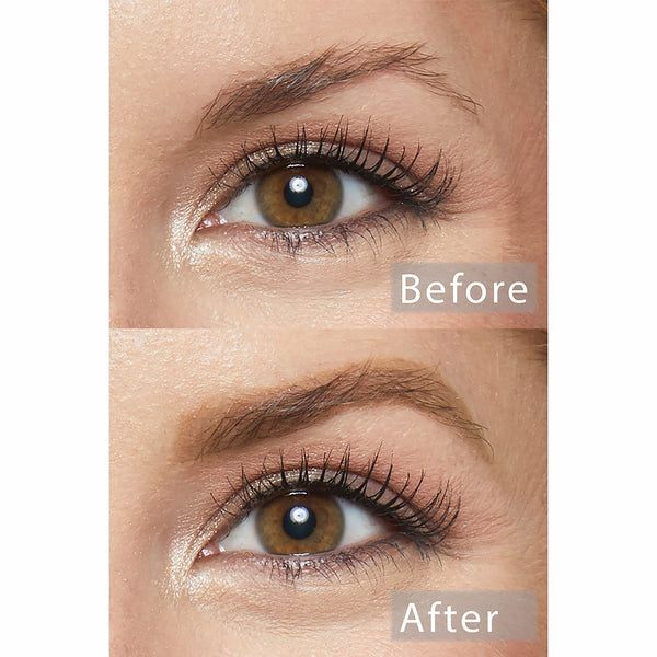 Champagne Blonde Pencil brow pencil defining an eyebrow - before shows sparse hairs, after shows fuller, softly shaped arch - close-up eye comparison highlighting the natural champagne-blonde shade and precise application for a ColourPop makeup look.