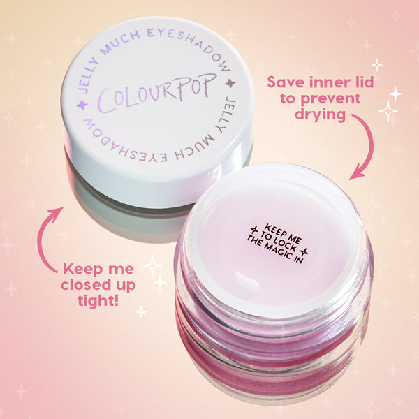 ColourPop Jelly Much Shadow Brentwood jar opened, revealing lavender jelly pigment and an inner sealing lid, with the white COLOURPOP cap nearby; graphic emphasizes saving the inner lid and keeping the pot tightly closed on a pink sparkly background.