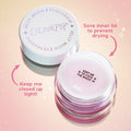 ColourPop Jelly Much Shadow Sage Bundle jar sits open, revealing the inner seal to prevent drying, with the white ColourPop cap beside it; shimmery jelly eyeshadow in a clear pot on a pink gradient background with care tips arrows.