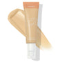 ColourPop Pretty Fresh Tinted Moisturizer Fair 3 W shade stands upright, peach-capped pump tube labeled “Pretty Fresh” and “hyaluronic acid tinted moisturizer,” over a broad swipe of light warm-beige tint showing sheer, dewy coverage.