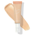ColourPop Pretty Fresh Tinted Moisturizer in Fair 4 N shown in a pump tube over a beige swatch, highlighting the neutral fair shade and hyaluronic acid formula, peach-nude packaging with Pretty Fresh script on a white background.