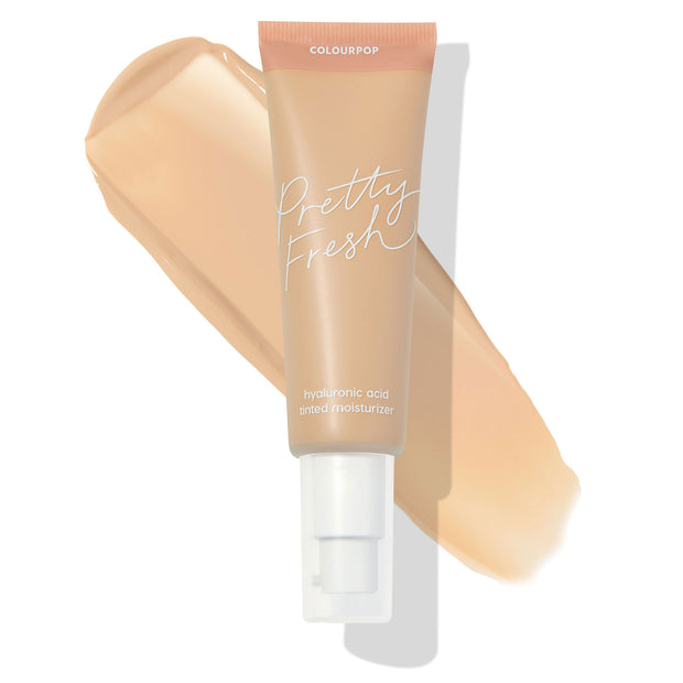 Tube of ColourPop Pretty Fresh Tinted Moisturizer, shade Light 5 N, with a white pump and peach cap, set over a light neutral beige swatch; Pretty Fresh script and hyaluronic acid callout on a clean white background.