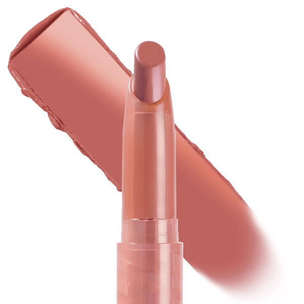 Slacker ColourPop Lippie Stix showcasing a creamy warm rosy nude shade, bullet angled upright with a bold swatch swipe behind it, in a slim twist-up peach tube on a white background for clear product detail.