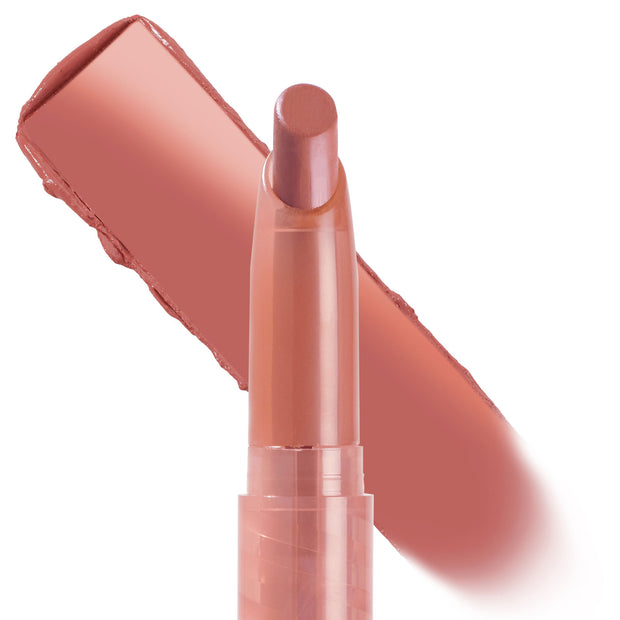 Slacker ColourPop Lippie Stix showcasing a creamy warm rosy nude shade, bullet angled upright with a bold swatch swipe behind it, in a slim twist-up peach tube on a white background for clear product detail.
