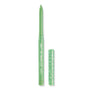 Aglow ColourPop Crème Gel Liner pencil stands uncapped with the twist-up creamy tip extended, cap set beside; metallic mint-green barrel features white stars, hearts, and smiley icons on a clean white background.