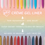 ColourPop Crème Gel Liner Swerve displayed among a rainbow of twist-up liners on a pastel gradient, spotlighting waterproof 18-hour wear, super creamy glide, and a no-sharpen twist-up design for easy, long-lasting eye definition.