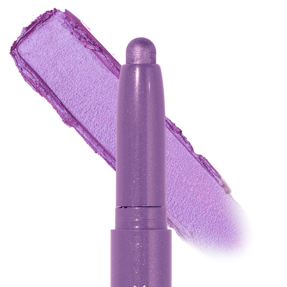 Hey Bestie Shadow Stix depositing a bold, shimmery lavender swatch, twist-up eyeshadow crayon tip in focus against a clean white backdrop; vibrant purple cream from the ColourPop Shadow Stix collection.