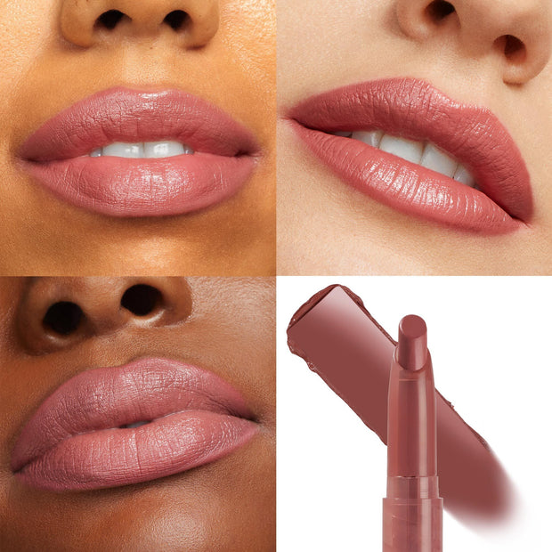 ColourPop Lippie Stix Toasty swatched on three pairs of lips, showing a warm rosy nude with a creamy soft-sheen finish, plus the lipstick bullet and swipe in a collage to demonstrate even, full-coverage color on varied skin tones.